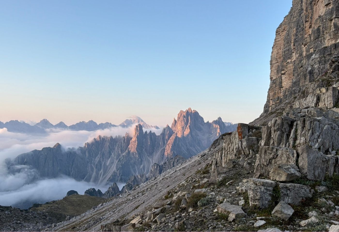 View from Tre Cime Three Peaks at dawn Dolomites